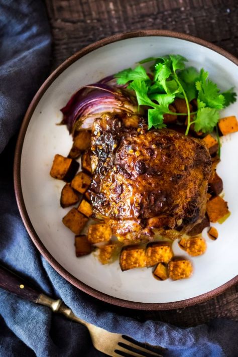 Sheet-Pan Harissa Chicken and roasted Sweet Potatoes- just 15 minutes of hands on time, before baking in the oven. Smoky, earthy, fragrant, North African Spices ! #harissa #harissachicken #chicken # sheetpandinner | www.feastingathome.com Harissa Recipes, Sheet Pan Meals Chicken, Pan Chicken Recipes, Harissa Chicken, African Spices, Easy Sheet Pan Dinners, Sheet Pan Dinners Recipes, Recipe Sheets, Healthy Menu