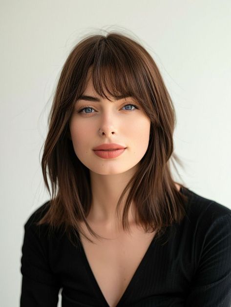 Heart Shaped Face Hairstyles Bangs, Long Bob Bangs Round Face, Bangs Heart Face, Classic Bob With Bangs, Bob Cut With Bangs Round Face, Bangs Heart Shaped Face, Long Bob With Bangs Round Face, Bangs For Heart Shaped Face, Short Hair Long Face