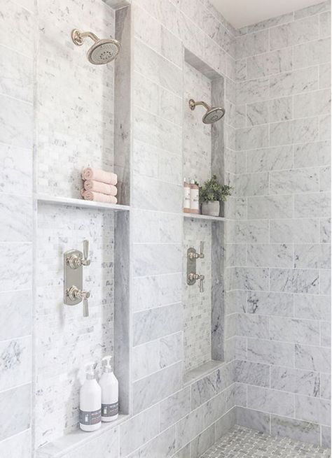 Master Bath With Double Shower Heads, Shower Long Shelf, Luxury Built In Bathtub, Master Bath Niche Ideas, Double Shower Head With Niche, Bathroom Shower Next To Toilet, Trench Drain Shower Pan, Master Bath Shower Niche Ideas, Master Bath Double Shower Head