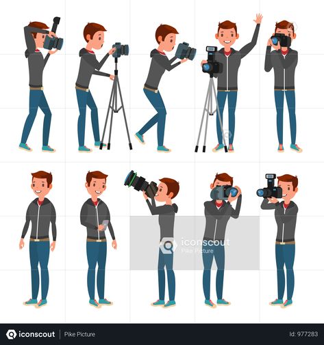 Photographer Taking Photo With Different Pose Illustration Cartoon Character Illustration, Character Design Tips, Edit Logo, Studio Cards, Drawing Body Poses, Character Design Girl, Different Poses, People Illustration, Body Poses