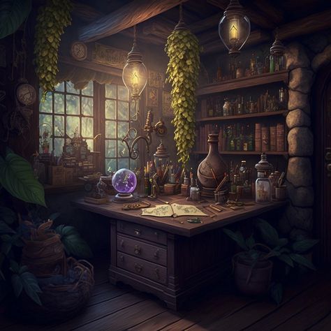 Potions Lab Aesthetic, Wizard Laboratory Concept Art, Alchemy Laboratory Fantasy Art, Alchemy Shop Fantasy Art, Fantasy Alchemy Lab, Fantasy Shop Aesthetic, Fantasy Apothecary Shop, Witch Office Decor, Apothecary Concept Art