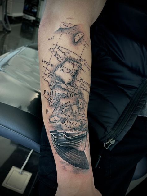 Philippines landscape tattoo man Philippines Landscape, Philippines Tattoo, Philippine Map, Tattoo Man, Filipino Tattoos, Map Tattoos, Landscape Tattoo, Pirate Art, Leg Tattoo Men