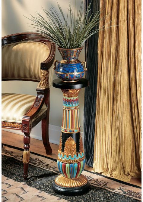 Regal Egyptian Luxor Sculptural Pedestal Urn Plant, Egyptian Bedroom, Egyptian Furniture, Pedestal Plant Stand, Egyptian Home Decor, Faux Gold Leaf, Support Pour Plante, Resin Work, Plant Display