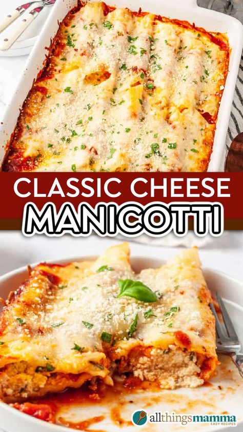 A baking dish filled with cheesy manicotti topped with marinara sauce and sprinkled with fresh parsley and Parmesan. Beef Side Dishes, Easy Dinners Chicken, Cheese Manicotti Recipe, Best Manicotti Recipe, Easy Manicotti Recipe, Dinner Snacks Appetizers, Meals Quick And Easy, Different Types Of Cheese, Cheese Manicotti