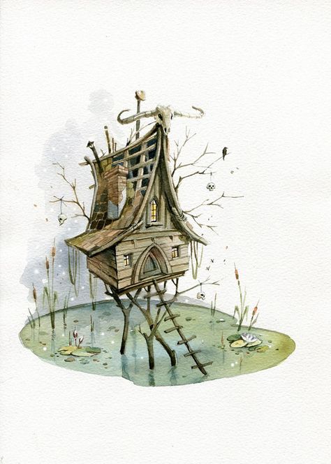 "Witch house" on Behance Witch Cottage Drawing, Bunk Bed Decorating Ideas, Bed Decorating Ideas, Cottage Drawing, Tree House Drawing, Witch Hut, Witches Cottage, Witchy House, Baba Jaga