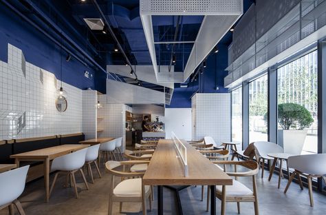 Paras by The Swimming Pool Studio Study Cafe, Blue Cafe, Greek Restaurant, Leisure Space, Design Café, City Office, Retro Interior, Retail Design Blog, Restaurant Ideas