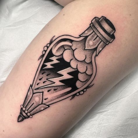 PATRICK WHITING | Lightning in a bottle ⚡️ | Instagram Pump Jack Tattoo, Lighting In A Bottle Tattoo, Storm In A Bottle Tattoo, Lightning In A Bottle Tattoo, Weather Tattoo, In A Bottle Tattoo, Lighting Tattoo, Ocean Sleeve Tattoos, Symbols Tattoos