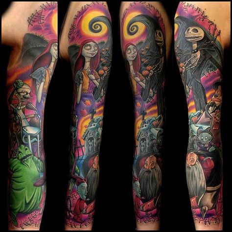 Nightmare Before Christmas Leg Sleeve, We Can Live Like Jack And Sally Tattoo, Nightmare Before Christmas Tattoo Sleeve, Nightmare Before Christmas Sleeve, Mallard Tattoo, Nightmare Before Christmas Tattoo Ideas, The Nightmare Before Christmas Tattoo, Nightmare Before Christmas Tattoos, Jack And Sally Tattoo