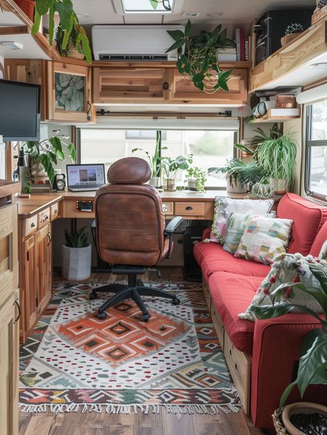 47 Remote Working RV Setup Inspo – TastyInteriors Rv Home Office, Rv Gaming Setup, Camper Craft Room, Camper Art Studio, Van Rebuild, Camper Studio, Trailer Office, Camper Office, Small Camper Interior