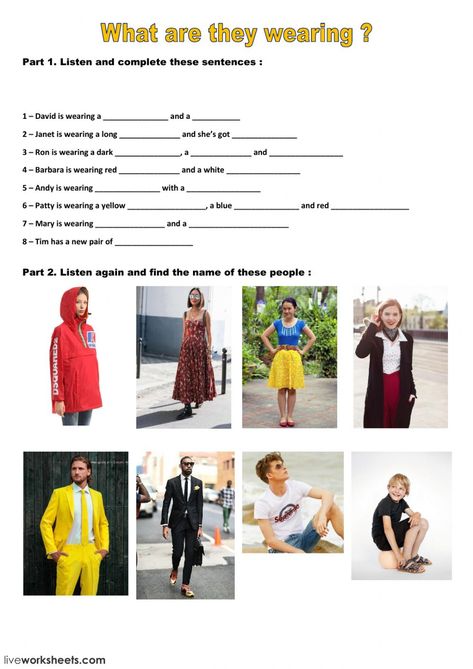 The clothes interactive and downloadable worksheet. You can do the exercises online or download the worksheet as pdf. Describe Clothes, Describing Clothes, Vocabulary Clothes, Clothes Worksheet, Describing People, English Grammar Quiz, English Worksheets For Kindergarten, Listening Test, The Worksheet