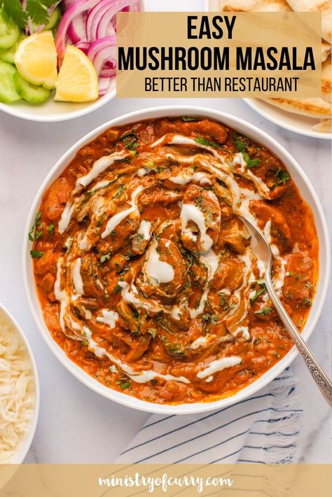 20-minute recipe to make better than restaurant mushroom masala, cooked in a creamy tomato based sauce and aromatic spices. #ministryofcurry #instantpot Indian Food Recipes Vegetarian Snacks, Indian Food Vegan, Mushroom Masala, Food Recipes Vegetarian, Breakfast Recipes Indian, Vegetarian Fast Food, Tastemade Recipes, Indian Cooking Recipes, Vegetarian Snacks Recipes