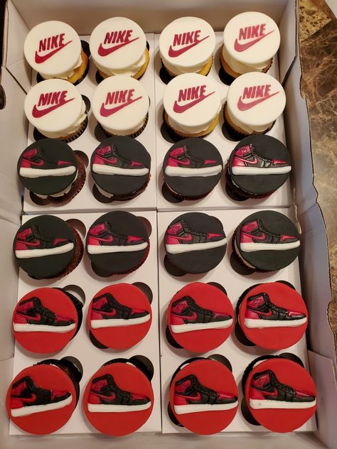 Nike cupcakes Nike Themed Cupcakes, Nike Cupcakes Cake Ideas, Nike Party Ideas, Jordan 1 Birthday Theme, Nike Cupcakes, Nike Cake Ideas Birthdays, Nike Party Decorations, Jordan Cupcakes, Nike Themed Party Ideas