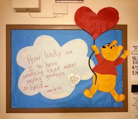 May 2014 RA bulletin board <3 "How lucky am I to have something that makes saying goodbye so hard." - Winnie the Pooh Goodbye Bulletin Boards, Winnie The Pooh Bulletin Board, Principal Retirement, April Bulletin Boards, Classroom Behavior Chart, Disney Themed Classroom, College Bulletin Boards, Bulletin Boards Theme, Resident Advisor