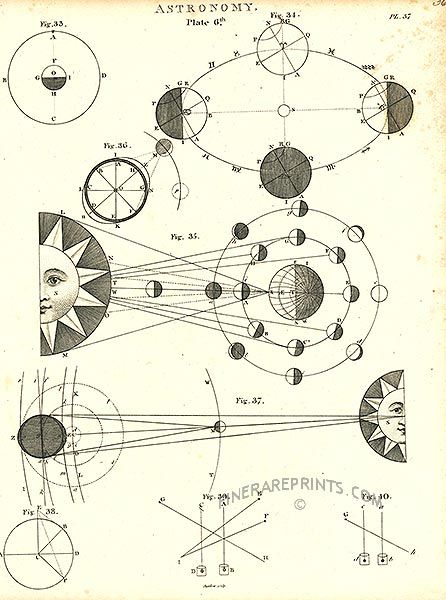 Antique print: picture of Astronomy - The sun and the phases of the moon Astronomy Diagram, Astronomy Symbols, Science Tattoo Ideas, Moon Phases Illustration, Astronomy Drawing, Astronomy Journal, Sun Phases, Tattoo Ideas Symbols, Moon Minimal