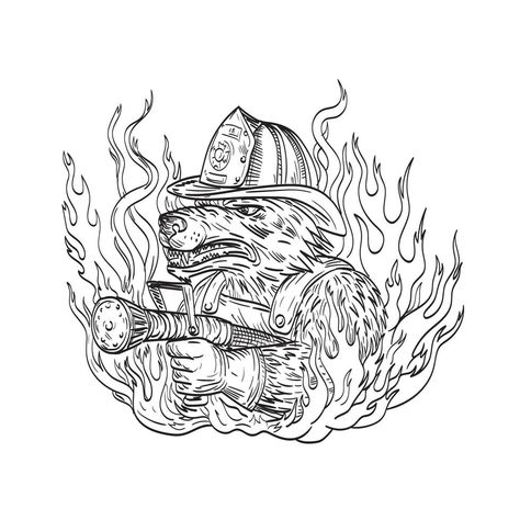 Dog or Wolf Fireman Aiming Fire Hose Wearing Firefighter Helmet with Smoke and Fire Tattoo Drawing Black and White Fireman Tattoo, Firefighter Drawing, Ems Tattoos, Firefighter Tattoo, Fire Fighter Tattoos, Helmet Drawing, Traditional Tattoo Old School, Grim Reaper Tattoo, Drawing Black And White