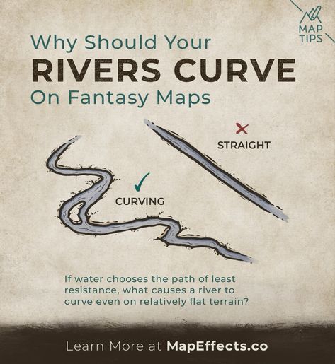 Why do rivers curve and meander across flat landscapes and why it’s important when drawing fantasy maps. Fantasy Worldbuilding Journal, How To Make A Fantasy Map, Fantasy Map Ideas, Maps From Fantasy Books, Fansty Map, Fantasy Maps, Fanticy Map, Fantasy Map Creator, Fanasty Map