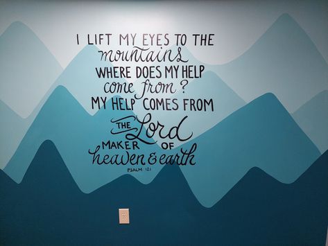 Mountain mural, mural art, painted calligraphy Sunday School Murals Children Church, Decorate Sunday School Room Ideas, Sunday School Wall Murals, Childrens Ministry Room Design, Christian Mural Painting, Children’s Ministry Church Decor, Nursery Church Ideas, Children’s Church Room Ideas, Christian Wall Mural