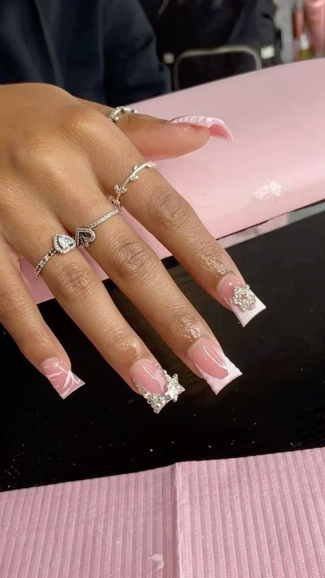 There's a new beauty trend taking over Instagram and it's absolutely stunning. Say hello to "quartz nails". Flared Nails Acrylics, Graduation Nails Acrylic 2024, Slight Duck Nails, Duck French Tip Nails, Acrylic With Charms, Nails Acrylic With Charms, Cute Nails With Charms, White Junk Nails, White Duck Nails