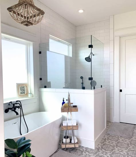 White Oval Tub Next to Walk-in Shower - Soul & Lane Tub Next To Shower Ideas, White Subway Tile Shower, Half Wall Shower, Tile Shower Niche, Oval Tub, White Tile Shower, Bathroom With Tub, White Tub, Glass Shower Enclosures