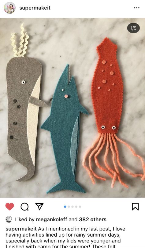 Felt Crafts Kids Easy, Felt Sea Creatures, Free Crochet Bookmark, Rainy Summer, Bookmark Crochet, Bookmark Pattern, Crochet Bookmark Pattern, Felt Bookmark, Crochet Bookmark