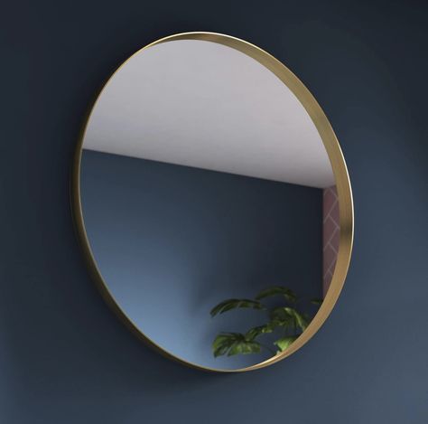 Brass Bathroom Mirror, Onyx Bathroom, Mirrored Cabinet Doors, Round Bathroom Mirror, Large Bathroom Mirrors, Main Bathroom Ideas, Round Bathroom, Shower Lighting, Gold Mirror Wall