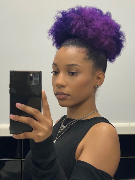 black woman with purple kinky, curly natural hair Purple Hair Dye On Black Hair, Purple Afro Hair Black Women, 4c Purple Hair, Purple 4c Natural Hair, Colours To Dye Your Hair Black Women, Violet Hair Black Women, Purple Natural Hair Black Women, Hair Dye Ideas For Black Women, Purple Hair Dark Skin