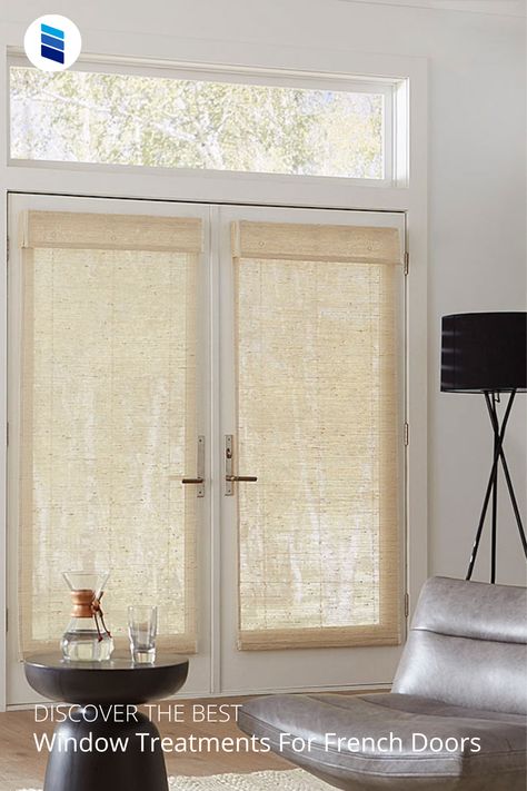 Roman Shades For French Patio Doors, Front Door Roll Up Shade, Roman Shade Door, Window Treatments On French Doors, French Door Bamboo Shades, French Doors With Shades, Drapes Over French Doors, French Door Drapes, Bamboo Shades For French Doors