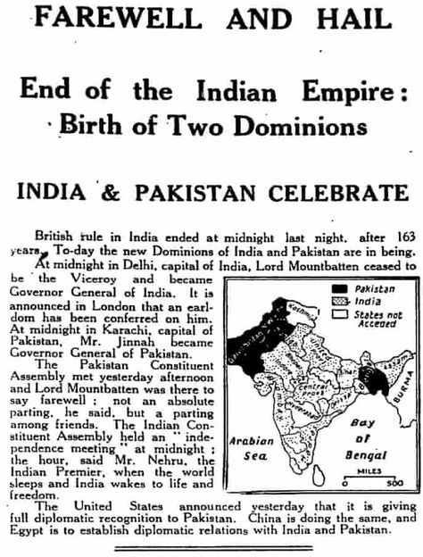 1947 India, 15 August 1947, Partition Of India, Pakistan Independence, Indian Territory, Indian History Facts, India Independence, India Facts, History Of India