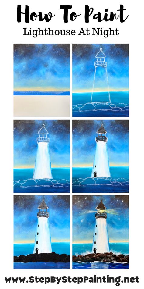 Step By Step Lighthouse Painting, How To Paint A Lighthouse Step By Step, Easy Lighthouse Painting For Beginners, Lighthouse Painting Tutorial, Diy Lighthouse Painting, Lighthouse Painting Easy Step By Step, Easy Light House Painting, Simple Lighthouse Painting, Light Houses Painting