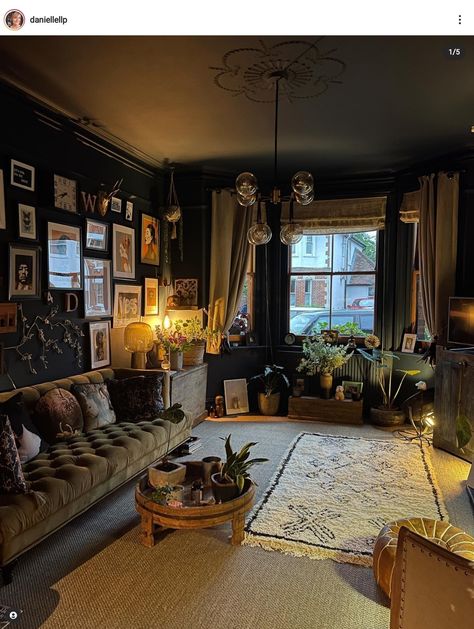 Goth Industrial Decor, Victorian Boho Living Room, Moody Art Deco Living Room, Moody Living Room Decor Ideas, Dark Academia Tv Room, Green Gothic Living Room, Industrial Maximalist Decor, Dark Maximalism Living Room, Cosy Dark Living Rooms