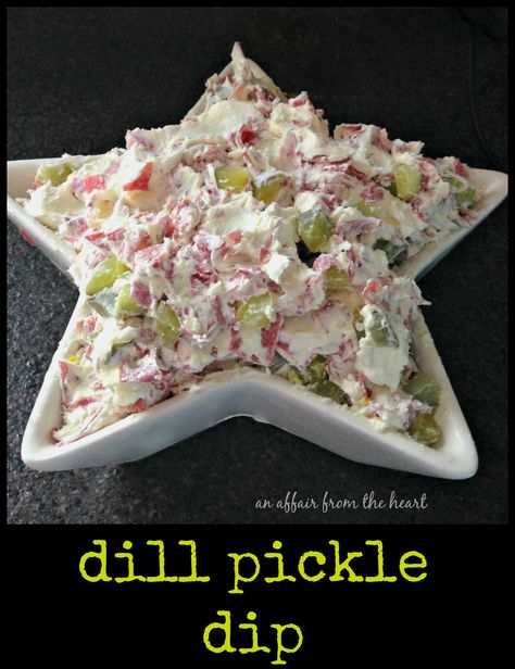 Dill Pickle Dip   Author: An Affair from the Heart - anaffairfromtheheart.com Recipe type: Dip/Appetizer Ingredients      16 ounces cream cheese, softened     9 ounces dried beef, chopped     16 ounces baby dill pickles, drained and chopped     Crackers for serving  Instructions      Cream together cream cheese, pickles and dried beef. Chill until ready to eat.     Serve over crackers. Refrigerate leftovers. Princess Recipes, Dill Pickle Dip Recipe, Pickle Dip Recipe, Pickle Wraps, Cheese Pickles, Dill Pickle Dip, Chips Dip, Pickle Dip, Pickle Recipes