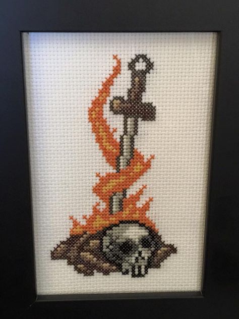 Dark Souls Bonfire Cross Stitch - Imgur Dark Souls Embroidery, Dark Souls Cross Stitch, Dark Souls Crochet, Dark Souls Bonfire, Stitch Games, Subversive Cross Stitch, Geek Crafts, Halloween Embroidery, Pixel Pattern