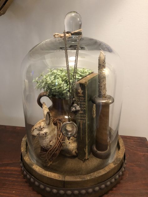 Wire Cloche Decor Ideas, Cloche Decor Ideas, Antique Vignettes, Glass Cloche Decor, Curio Cabinet Decor, Christmas Cloche, Cloche Display, Cottagecore Crafts, Cloche Ideas