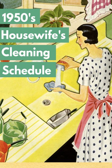 A vintage cartoon of a 1950s housewife doing the dishes 1950 Cleaning Schedule, 1950s Housewife Schedule, Vintage Cleaning Schedule, 1950s Housewife Daily Routine, 1950s Housewife Routine, Working Housewife, Housewife Schedule, Housecleaning Schedule, 1950 Housewife