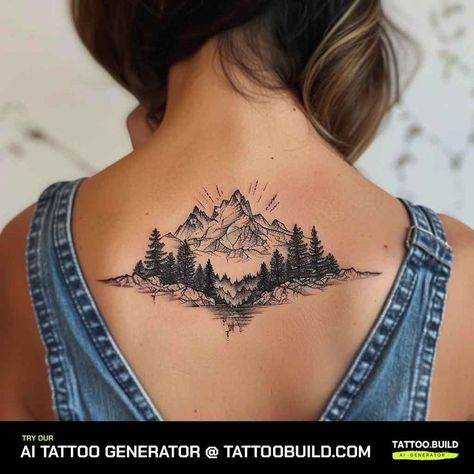 Elemental Tattoos, Mountain And Tree Tattoo, Tree Tattoo Ideas, Mountain Tattoos, Bookish Tattoos, Hiking Tattoo, Forest Tattoos, Tree Tattoo Designs, Upper Arm Tattoos