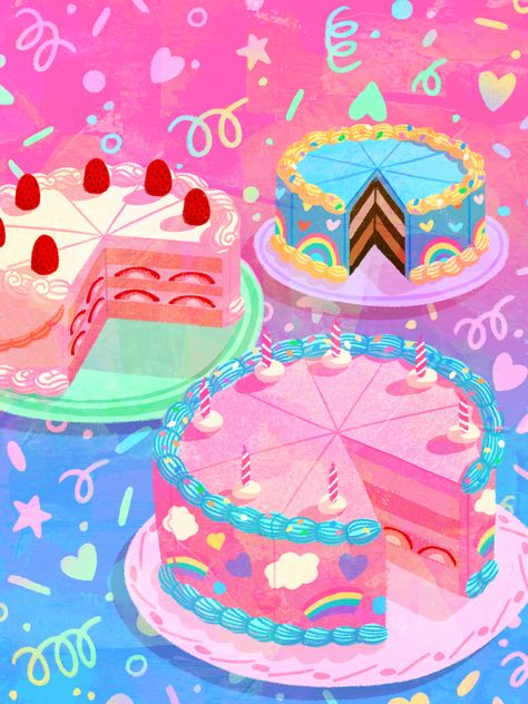 An illustration of colorful cakes Candyland Illustration, Cute Cake Illustration, Cakes Illustration, Sweets Illustration, Birthday Illustrations, Jasmine Images, Palette Illustration, Dreamy Illustration, Birthday Artwork