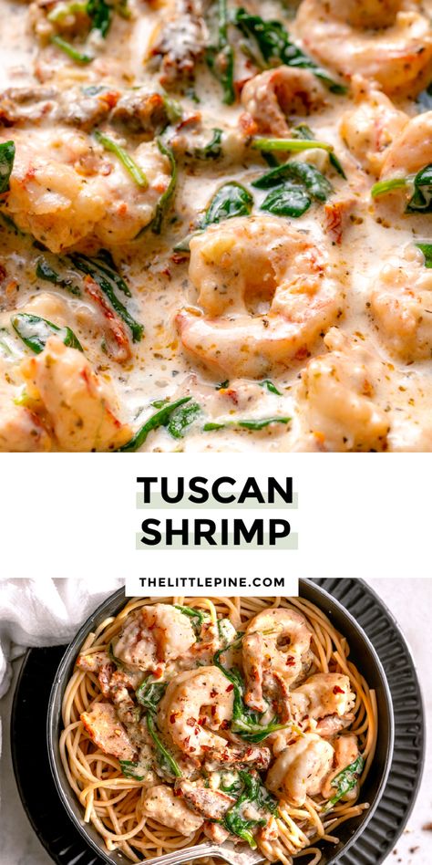 Tuscan Shrimp- PIN 1 Tuscany Shrimp Pasta, Creamy Tuscan Shrimp Orzo, Shrimp Tuscan Pasta, Shrimp And Tortellini Recipes, Shrimp Bowls Healthy, Healthy Lobster Recipes, Tuscan Shrimp Pasta, Sun Dried Tomatoes And Spinach, Creamy Tuscan Shrimp