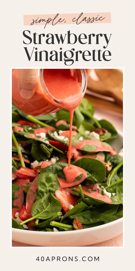 This sweet strawberry vinaigrette is the perfect salad dressing for spring and summer! Made with just 4 ingredients - including fresh or frozen strawberries - and ready in as little as 5 minutes, so it's great for last-minute lunches or sudden cravings. One bite of this beautiful dressing will make you forget all about the store-bought stuff! Best Homemade Salad, Strawberry Salad Dressing, Homemade Salad Dressings, Strawberry Vinaigrette, Sauces Recipes, Eat On A Budget, Balsamic Vinaigrette Dressing, Strawberry Balsamic, Vinaigrette Salad