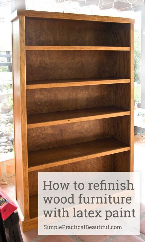 How to refinish a bookshelf or any wood furniture with latex paint | furniture makeover | refinishing | painting a bookcase Kids Furniture Makeover, Cheap Bookcase, Refinish Wood Furniture, Bookshelf Makeover, Painting Bookcase, Painted Bookshelves, Diy Kids Furniture, Wood Bookshelves, Diy Furniture Bedroom