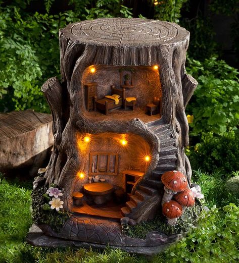 Two-Story Lighted Fairy House in Fairies Dragons and Fantasy #miniaturegardens Tree Stump House, Stump House, Garden Lighting Design, Kolam Air, Fairy Tree Houses, Tree House Diy, Fairy Garden Designs, Tree House Designs, Garden Sculptures