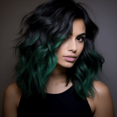 25 Gorgeous Balayage for Dark Hair Ideas Colors For Brunettes Hair, Funky Dark Hair Color, Dark Green Balayage Hair, Brunette Vivid Hair, Medium Length Hair With Color, Dark Roots Hair Color Ideas Brown, Hair Dye Colors Green, Green Brunette Hair, Dark Hair With Money Piece And Peekaboo