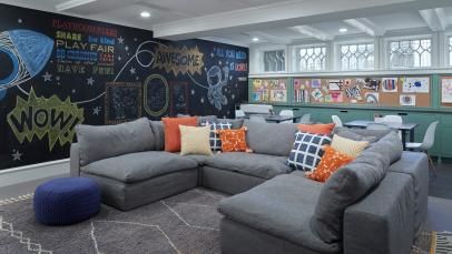 Hangout Room Ideas, Finished Basement Designs, Basement Games, Hangout Room, Basement Playroom, Modern Basement, Basement Inspiration, Finished Basement Ideas, Game Room Basement