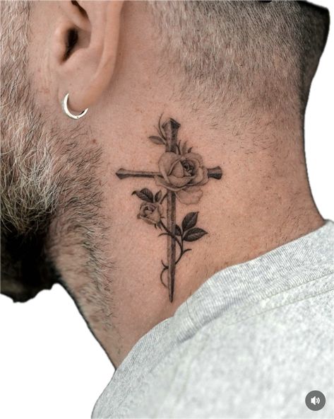 Nice Neck Tattoos For Men, Men’s Tattoos Side Of Neck, Neck Side Tattoo Men, Big Neck Tattoo Men, Christian Neck Tattoos For Men, Gf Name Tattoo Ideas For Men, Men S Neck Tattoo, Cross Tattoos For Men Neck, Cross Tattoos For Men On Chest