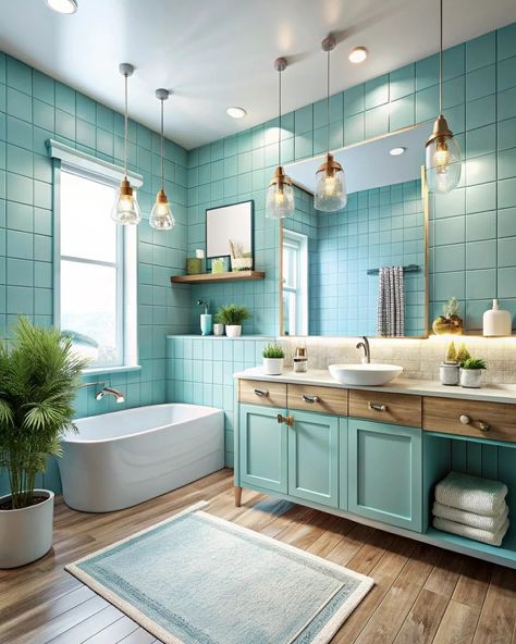 Modern bathroom ideas with soft blue colors #softblue #softcolors #bathroom #washroom #bathroomdesign #bathroomdecor Blue Bathroom Ideas Ocean, Light Teal Bathroom, Washroom Ideas, Turquoise Bathroom, Modern Bathroom Ideas, Blue Bathroom, Blue Tiles, Bathroom Colors, Bathroom Inspiration