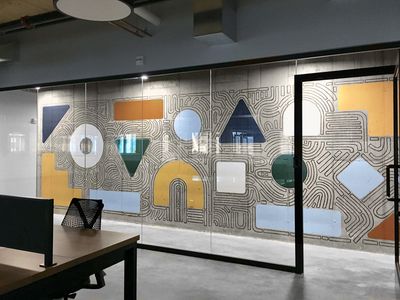 Industrial Mural Wall Art, Industrial Mural, Environmental Aesthetic, Stem Room, Experiential Graphic Design, Office Mural, Office Wall Design, Modern Mural, Environmental Graphic Design