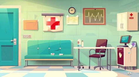 A cartoon illustration of the interior of a medical office an empty clinic room with doctor stuff and a hospital with a couch and chair a washbasin a locker for medicines a desk a computer and Clinic Illustration, Doctor Room, Hospital Illustration, Hospital Cartoon, Clinic Room, Cradle Decoration, Doctor Stuff, Doctor Clinic, Free Cartoon Characters