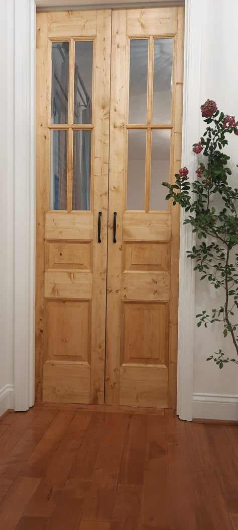 Narrow Double Pocket Doors, Vintage Pocket Door, Antique Pocket Doors, Four Panel Door, Small French Doors, Rustic Villa, Custom French Doors, Pantry Closet Design, Open Pantry