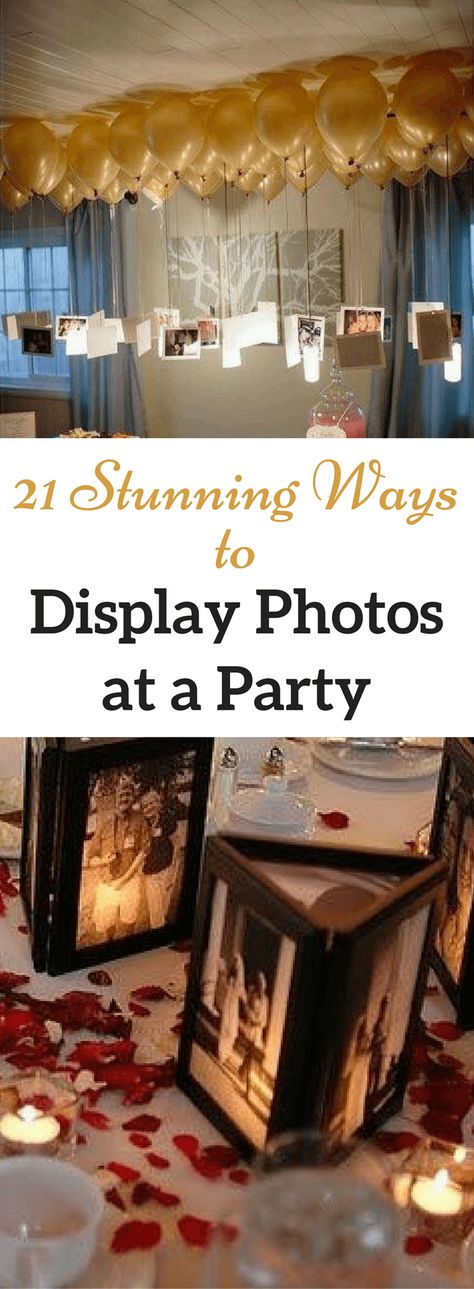 Looking for a clever way to display photos at a party? Check out these 21 easy picture display ideas for parties! Picture Display Ideas, Ways To Display Photos, Way To Display Photos, Photo Decorations, Ideas For Parties, Birthday Party Decorations For Adults, 75th Birthday Parties, 90th Birthday Parties, 85th Birthday