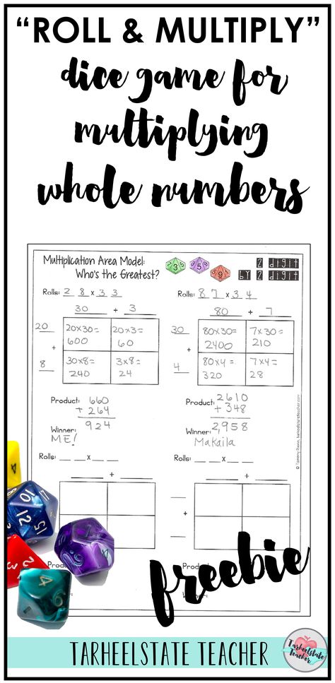 Looking for a free game to help your students learn to multiply whole numbers and to make your multiplication unit more fun and rigorous for your 4th or 5th graders? Using the "Roll and Multiply" dice game your students can practice the area model for multiplication or the standard algorithm. Multiple printables included at different levels of multiplicaton so you have exactly what you need to differentiate. Grab your free differentiated multiplication game for multiplying whole numbers and get Area Model Multiplication, 4th Grade Multiplication, Game For Students, Multiplication Game, Area Model, Multiplication Activities, Multiplication Practice, Whole Numbers, Elementary Teaching