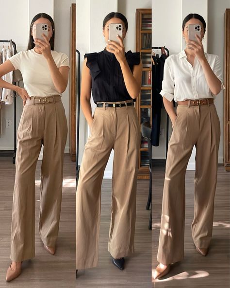 Beige Pant Work Outfits, High Waisted Cream Pants Outfit, Tan Tapered Pants Outfit, Casual Work Outfits Beige Pants, Tan Pants Casual Outfit, Fall Outfits With Beige Pants, Beige Trouser Pants Outfit, High Waisted Tan Pants Outfit, Beige Dressy Pants Outfit